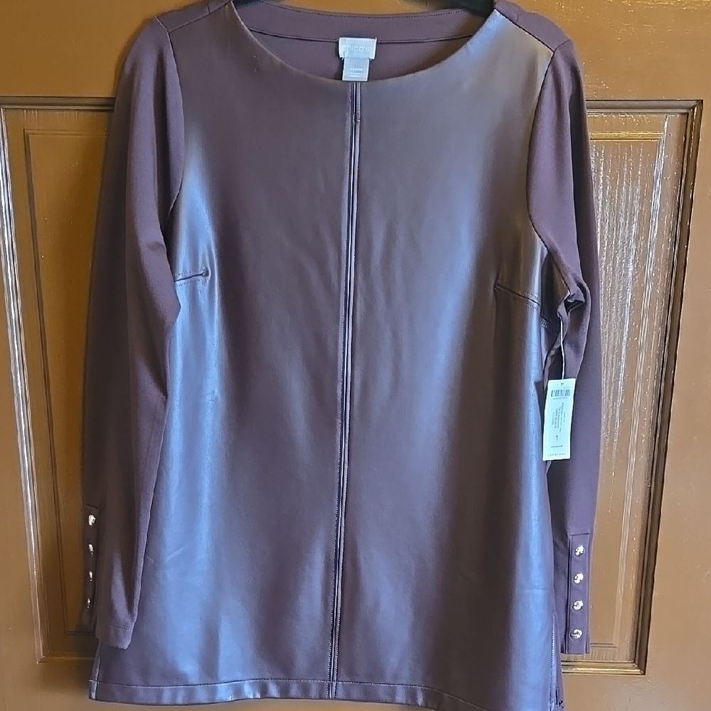 Chico's-Brown pullover long sleeved Faux leather front Size 1=M NWT.
